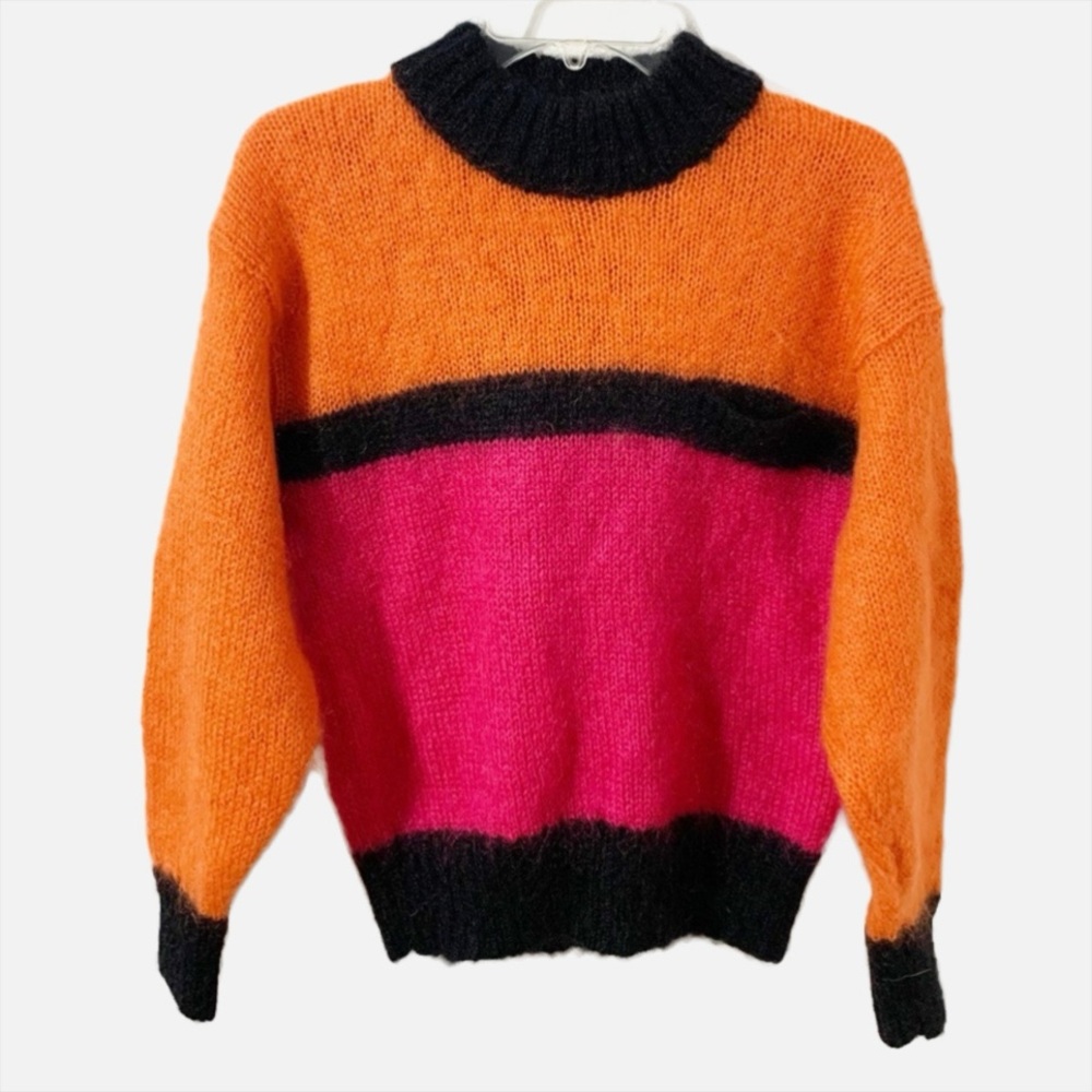 Vintage  Turquoise Mohair Blend Pullover Crewneck Color Block Chunky Sweater